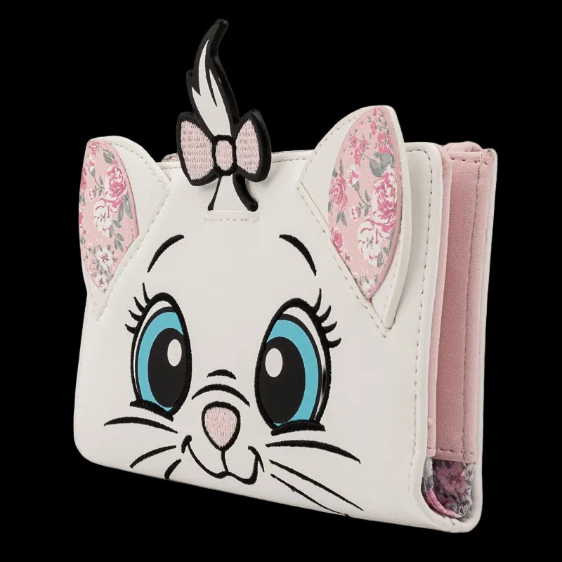 Cartoon cat wallet with floral ears and bow on a white background