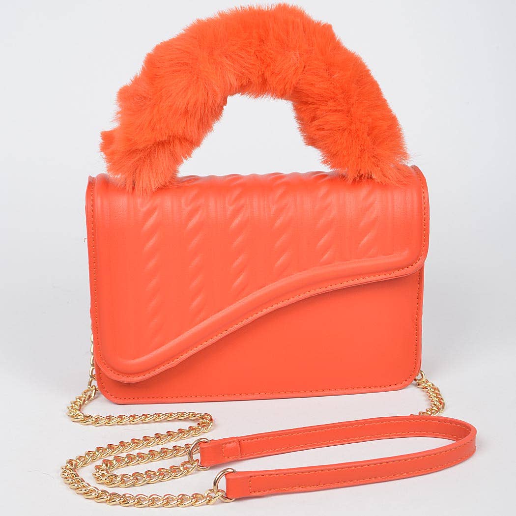 Faux Fur Braided Handle Bag: Orange