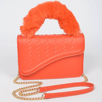 Faux Fur Braided Handle Bag: Orange