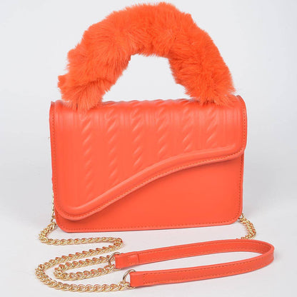 Faux Fur Braided Handle Bag: Orange