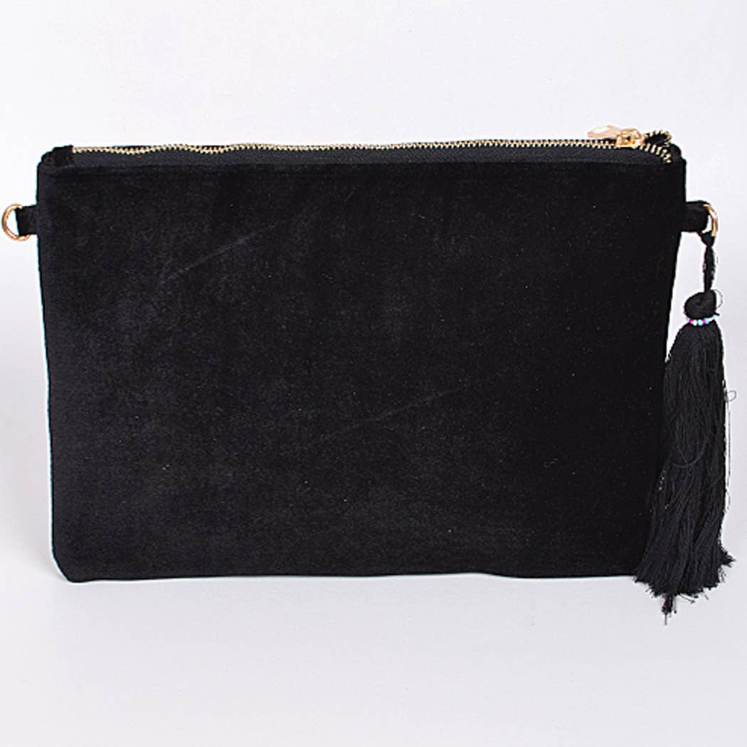 Faux Velvet Clutch With Tassel: Burgundy