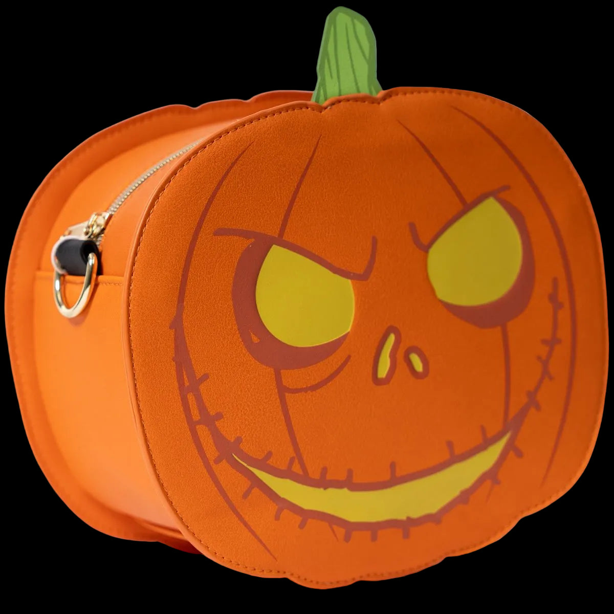 Pumpkin-shaped bag with a face design on a white background