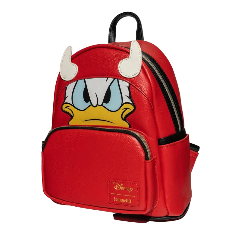 Red backpack with cartoon character face and horns on a white background