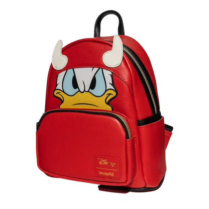 Red backpack with cartoon character face and horns on a white background