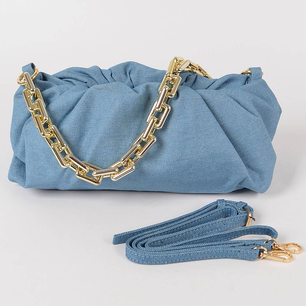 Denim Rectangle Chain Clutch: Light Blue