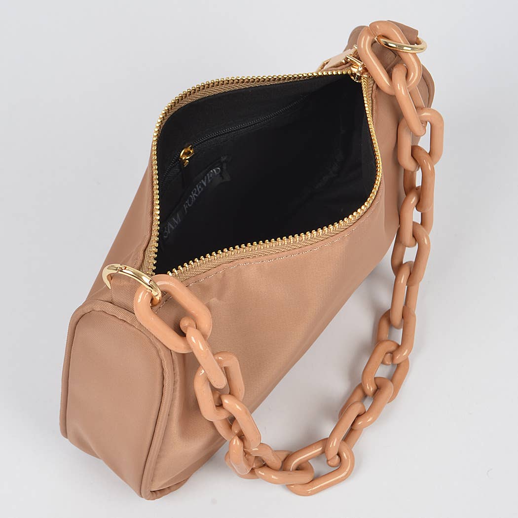 Nylon Shoulder Bag W/Acrylic Chain: Red