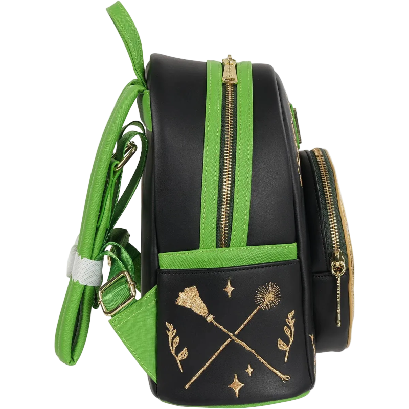 Black backpack with green accents and gold designs on a white background