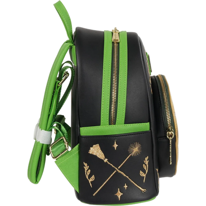 Black backpack with green accents and gold designs on a white background