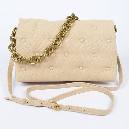 Cotton Canvas Studded Chain Shoulder Bag: Green