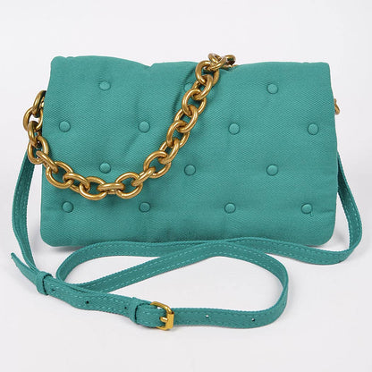 Cotton Canvas Studded Chain Shoulder Bag: Green