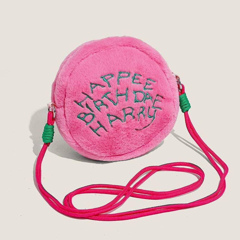 Color Block Embroidered Cute Plush Crossbody Bag: PINK