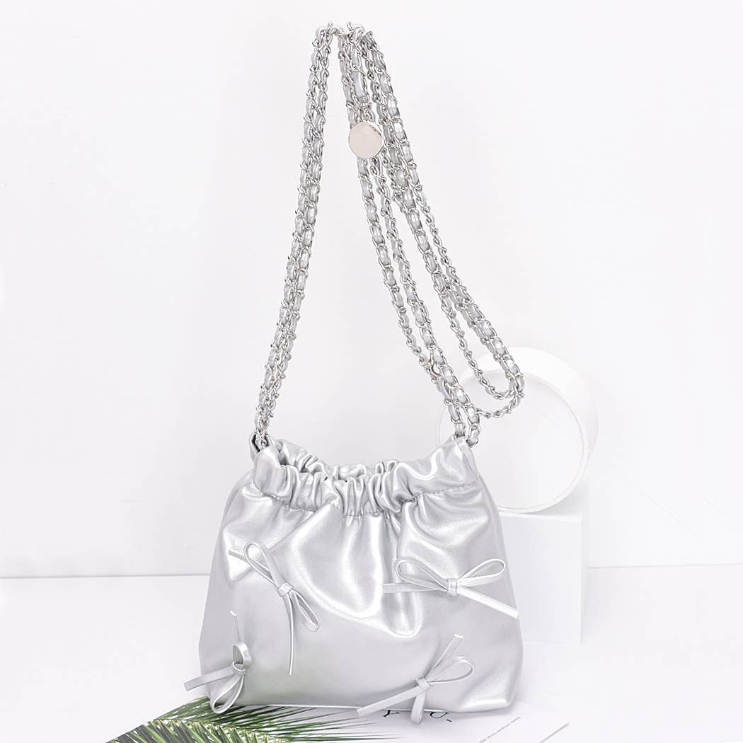 Faux Leather Multi Ribbon Bucket Chain Crossbody Bag: BUR