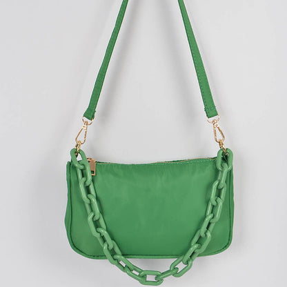 Nylon Shoulder Bag W/Acrylic Chain: Red