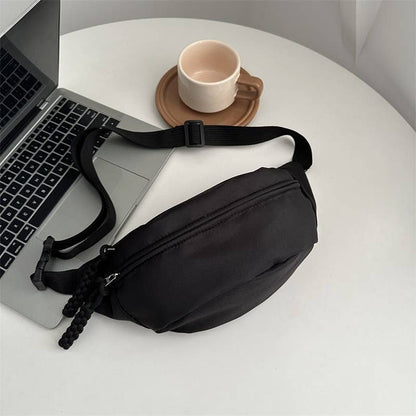 Minimalist Nylon Fanny Pack Waist Bag with Braided Tassel: Black