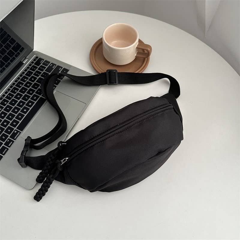 Minimalist Nylon Fanny Pack Waist Bag with Braided Tassel: White