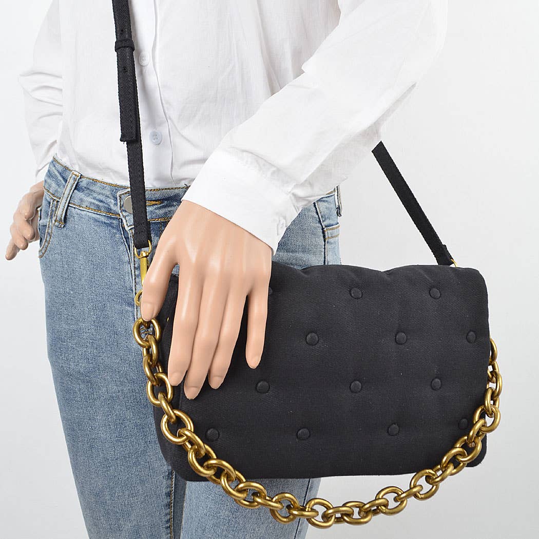 Cotton Canvas Studded Chain Shoulder Bag: Green