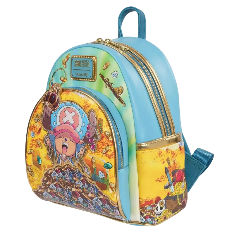 Colorful backpack with cartoon character design on a white background