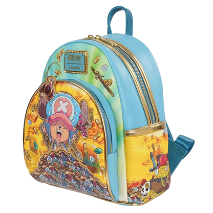 Colorful backpack with cartoon character design on a white background