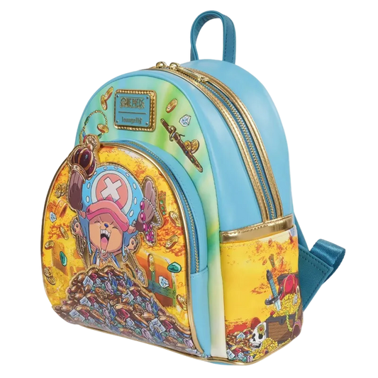 Colorful backpack with cartoon character design on a white background