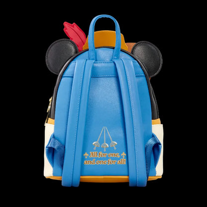 Blue backpack with character design and text on a white background