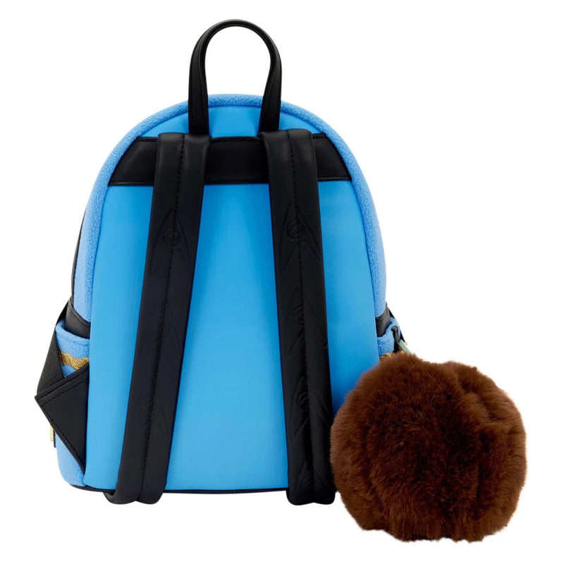 Blue backpack with black straps and a brown fluffy pom-pom accessory on a white background
