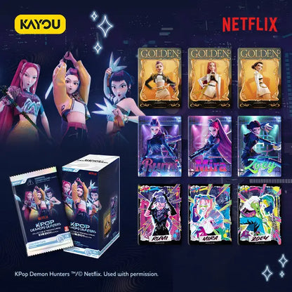 Collection of KPop Demon Hunters figurines and packaging with Netflix and Kayou branding.