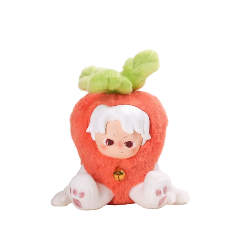 Plush toy shaped like a strawberry with a character's face on a white background