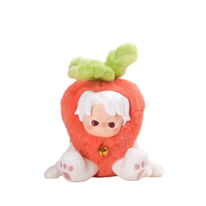 Plush toy shaped like a strawberry with a character's face on a white background