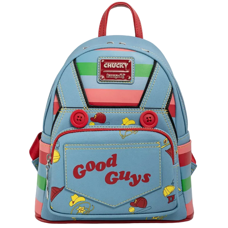 Colorful backpack with 'Chucky' branding and 'Good Guys' text on a white background