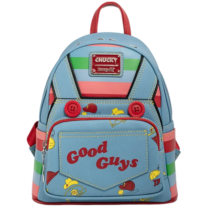 Colorful backpack with 'Chucky' branding and 'Good Guys' text on a white background