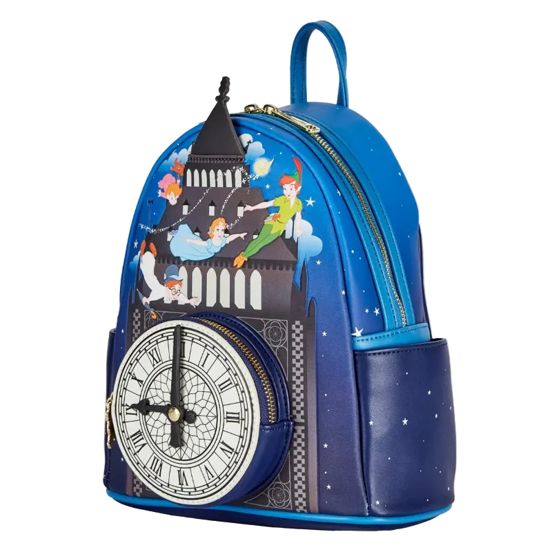 Blue backpack with Peter Pan and Wendy design on a white background