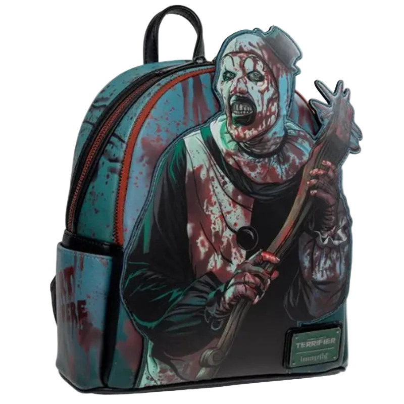Backpack with a graphic design of a horror-themed character on a white background