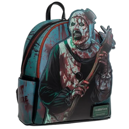 Backpack with a graphic design of a horror-themed character on a white background