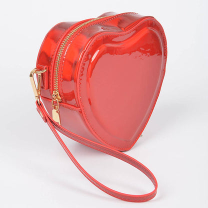 Heart Shape Mirror Metallic Crossbody Bag: Red