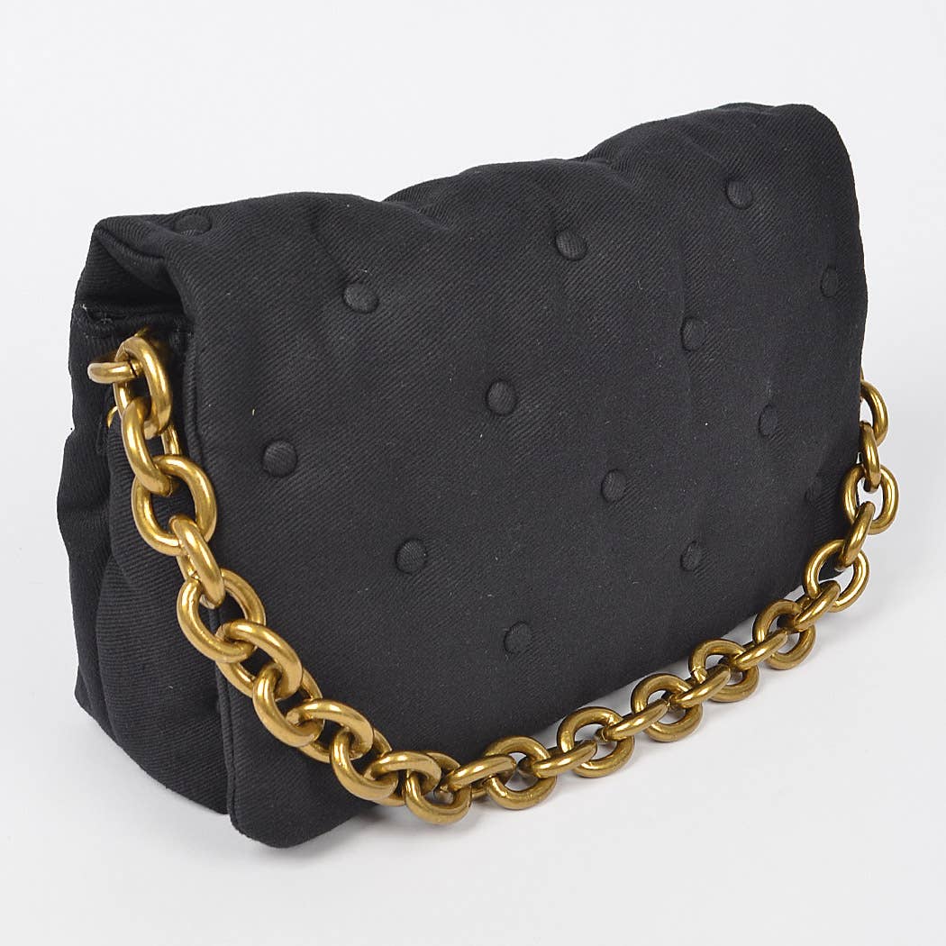 Cotton Canvas Studded Chain Shoulder Bag: Green