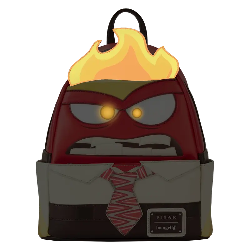 Backpack designed like a character from Pixar with flame on top, eyes, and tie.