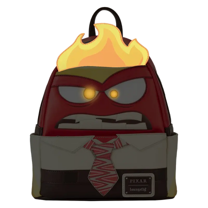Backpack designed like a character from Pixar with flame on top, eyes, and tie.