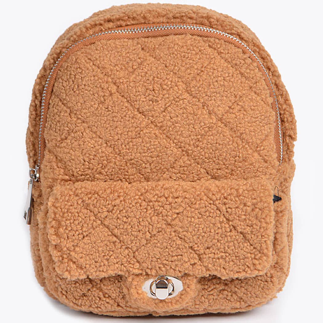 Fluffy Flap Zipper Backpack: Mustard