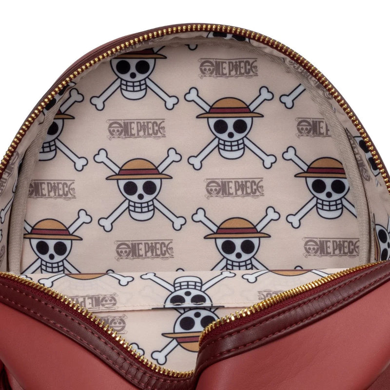 Close-up of a backpack with a 'One Piece' skull and crossbones pattern on the interior.