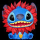 Animated character with red and blue floral-like design on a white background