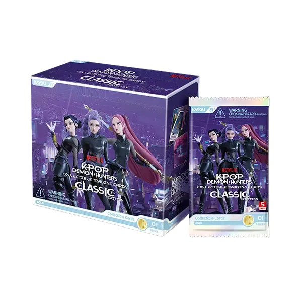 Kpop Demon Hunters collectible trading cards packaging with Netflix branding on a yellow background