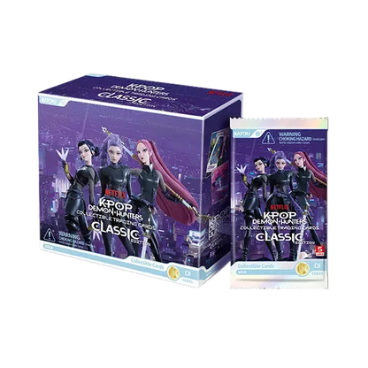 Kpop Demon Hunters collectible trading cards packaging with Netflix branding on a yellow background