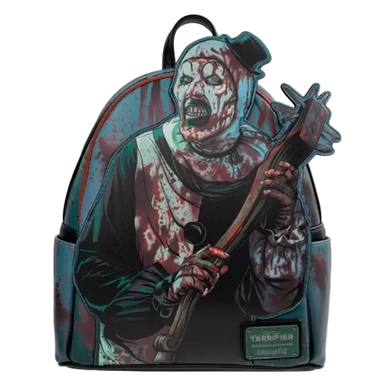 Backpack with horror-themed design of a character holding an axe on a white background