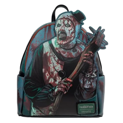 Backpack with horror-themed design of a character holding an axe on a white background
