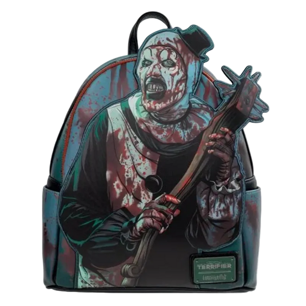 Backpack with horror-themed design of a character holding an axe on a white background
