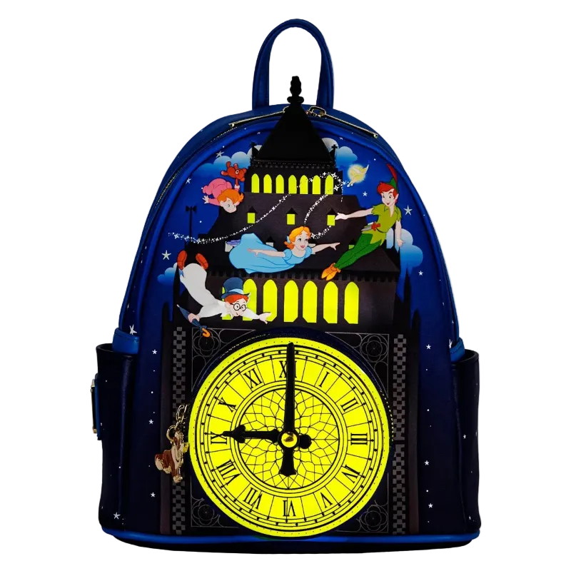 Backpack with animated character design and large clock face on a white background