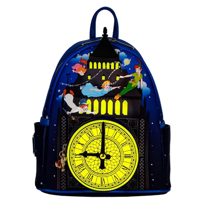 Backpack with animated character design and large clock face on a white background