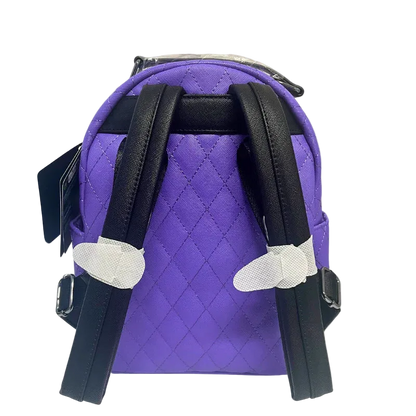 Purple backpack with black straps on a white background