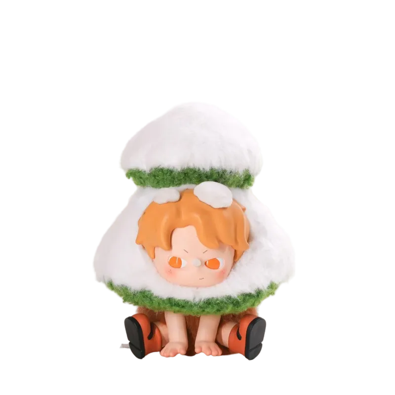 Toy figure of a character with orange hair and green outfit on a white background