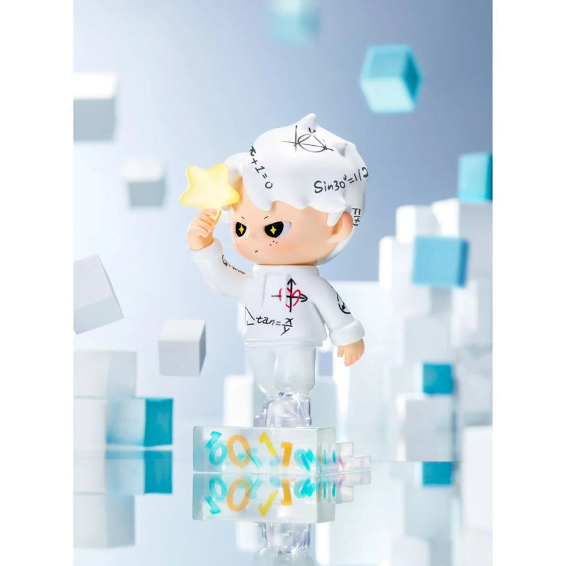 Toy figure in a white outfit with a star, standing on a blue and white block-like surface.